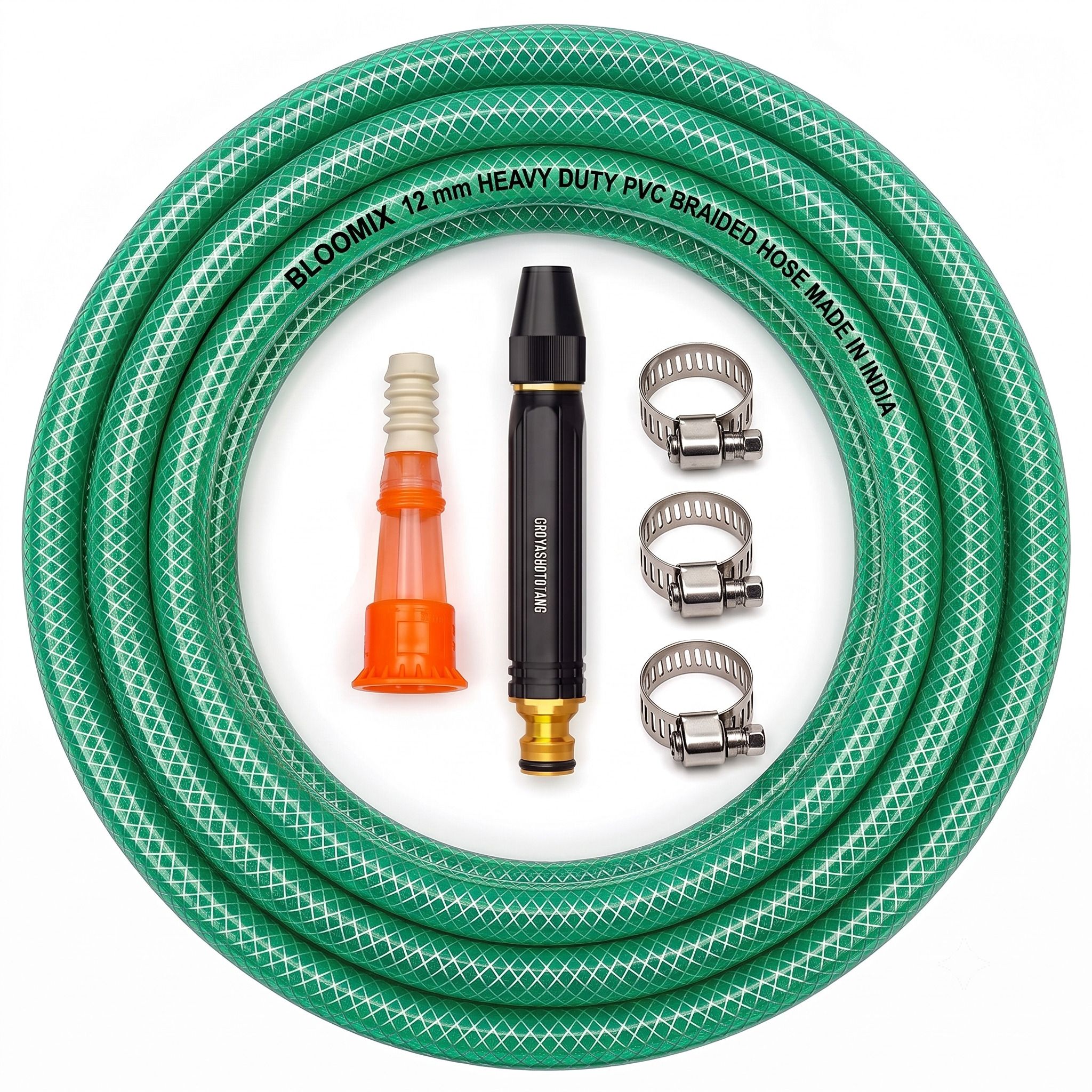 25 Meter 12 mm (1/2 Inch) PVC Green Water Pipe, Lightweight, Durable & Flexible BLOOMIX 25m 12mm PVC Braided Water Hose with Spray Gun, Tap Adptr & SS Clamps Hose Pipe-image-36
