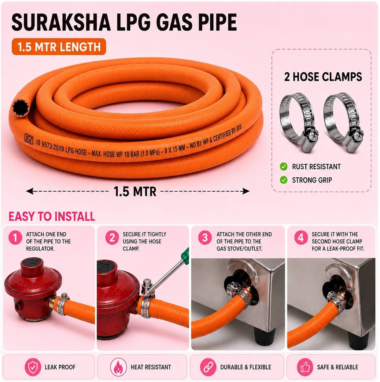 Suraksha bharat gas pipe with 2 hose clamp Suraksha bharat gas hose pipe steel wire Hose Pipe-image-12