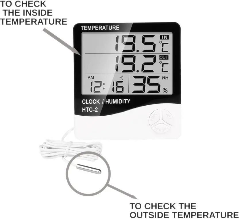 HTC-2 Digital Thermometer Hygrometer Humidity Meter with Clock & LCD Display Hydrometer