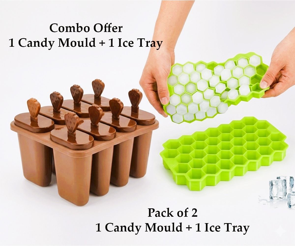 (Combo Pack Of 2) 1 Silicon Ice Tray and 1 Ice Cream Moulds/Kulfi Mould Brown Plastic Ice Cube Tray-image-38