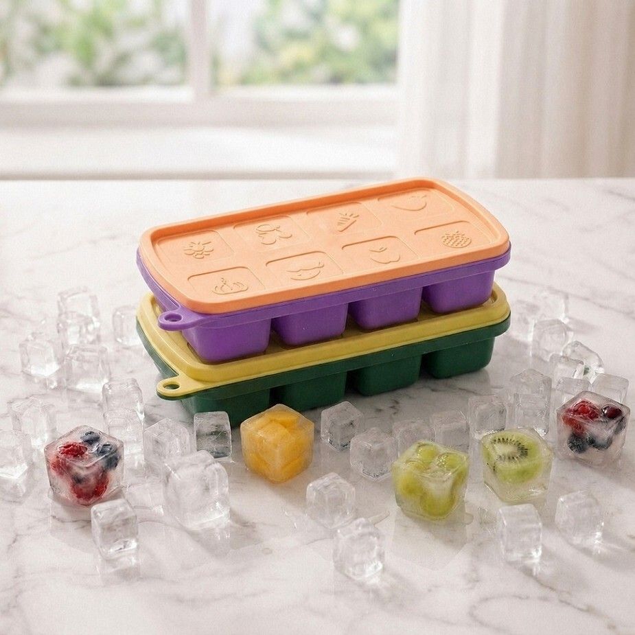 masox store Premium Silicone Ice Cube Tray with fruits design Lid, 8Large Cube ,BPA Free A19 Blue, Green Silicone Ice Cube Tray-picture-46