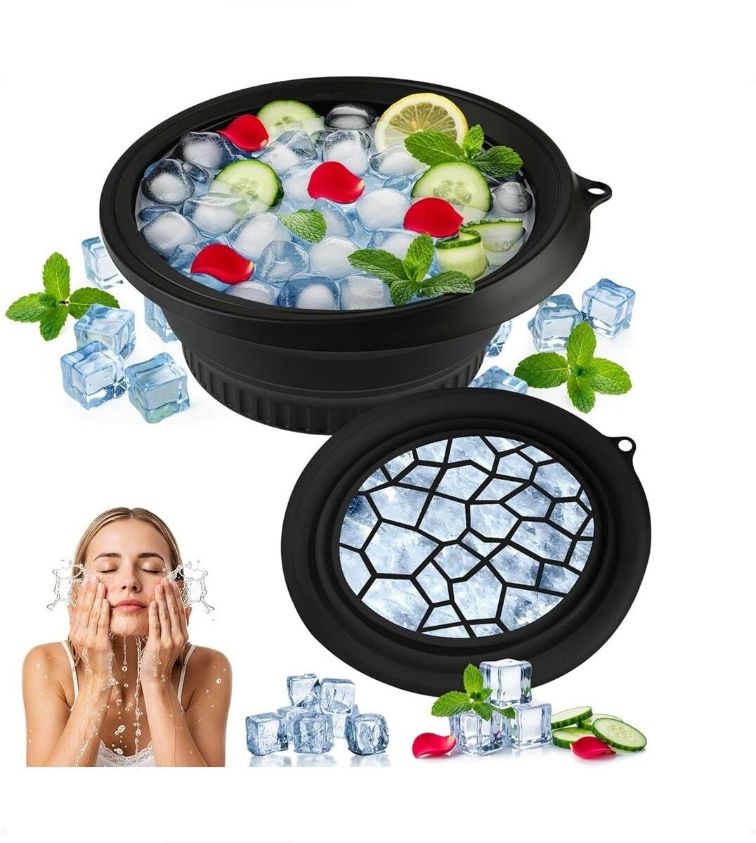 brzone Silicone Ice Face Bowl with Built-in Ice Tray | Collapsible Face Ice Bowl Black Silicone Ice Cube Tray-picture-45
