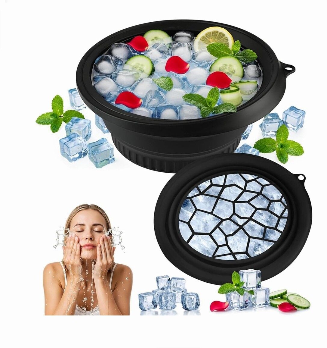 brzone Silicone Ice Face Bowl with Built-in Ice Tray | Collapsible Face Ice Bowl Black Silicone Ice Cube Tray-picture-46