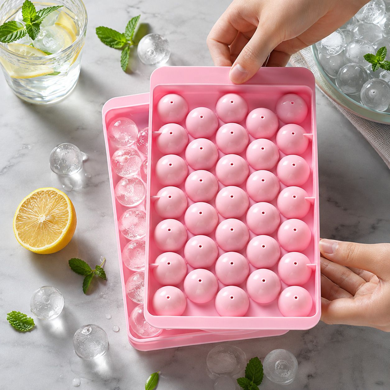 Ice tray round shape cubes ice balls making reusable for freezer plastic trays Pink Plastic Ice Ball Tray-image-41