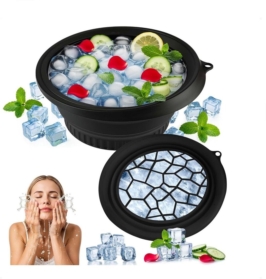 brzone Silicone Ice Face Bowl with Built-in Ice Tray | Collapsible Face Ice Bowl Black Silicone Ice Cube Tray-picture-18