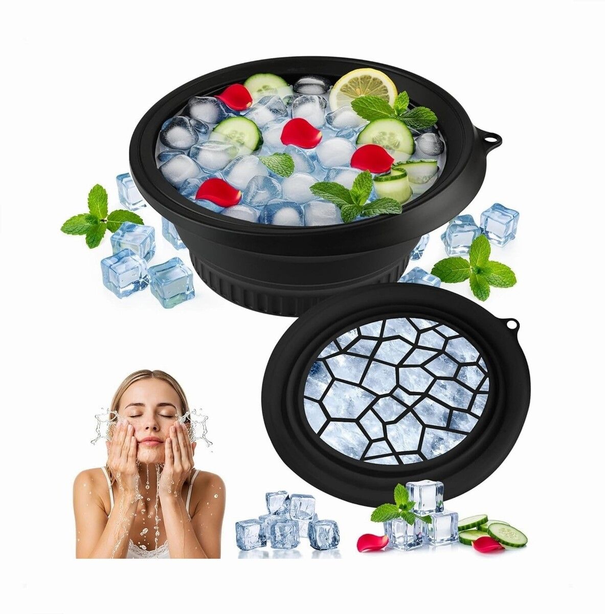brzone Silicone Ice Face Bowl with Built-in Ice Tray | Collapsible Face Ice Bowl Black Silicone Ice Cube Tray-picture-25