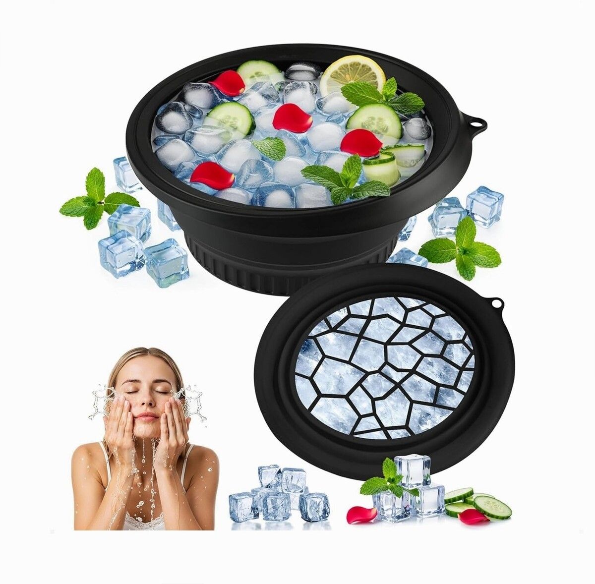 brzone Silicone Ice Face Bowl with Built-in Ice Tray | Collapsible Face Ice Bowl Black Silicone Ice Cube Tray-picture-33