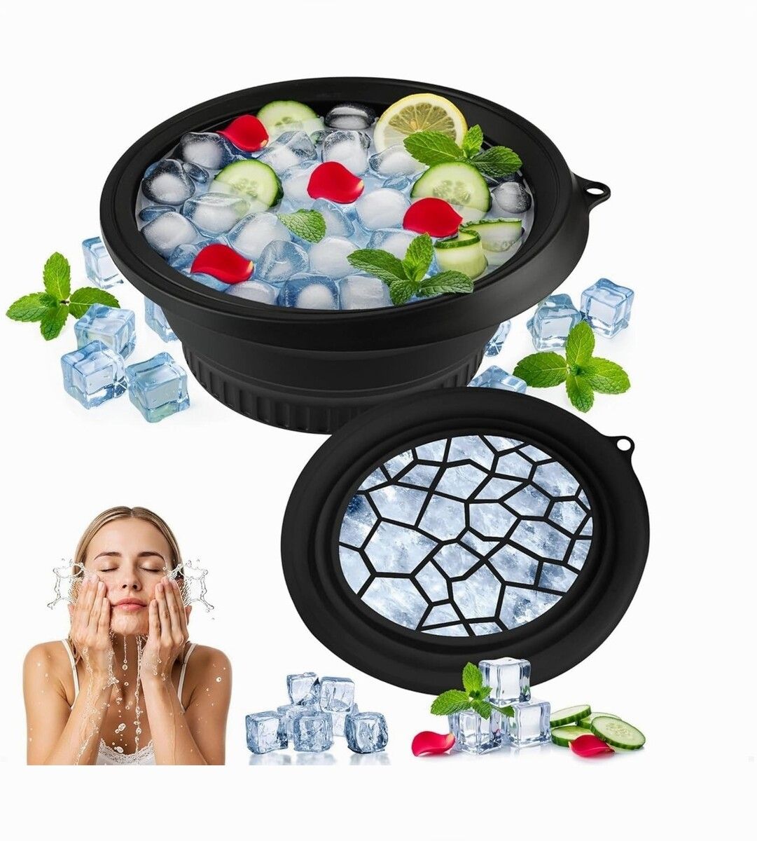 brzone Silicone Ice Face Bowl with Built-in Ice Tray | Collapsible Face Ice Bowl Black Silicone Ice Cube Tray-picture-27