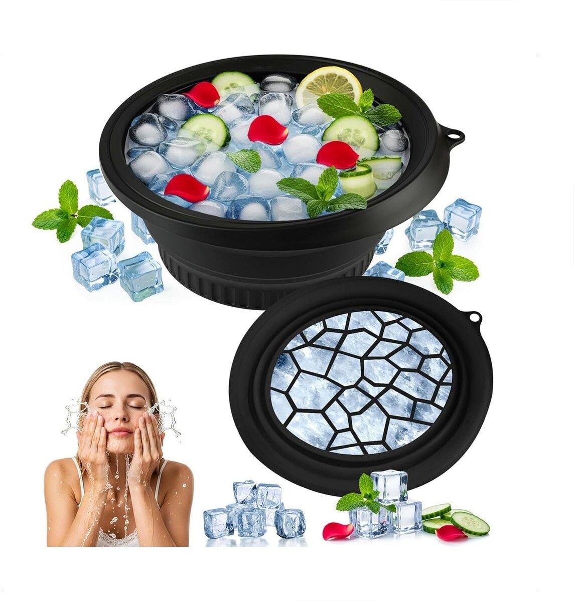 brzone Silicone Ice Face Bowl with Built-in Ice Tray | Collapsible Face Ice Bowl Black Silicone Ice Cube Tray-picture-30
