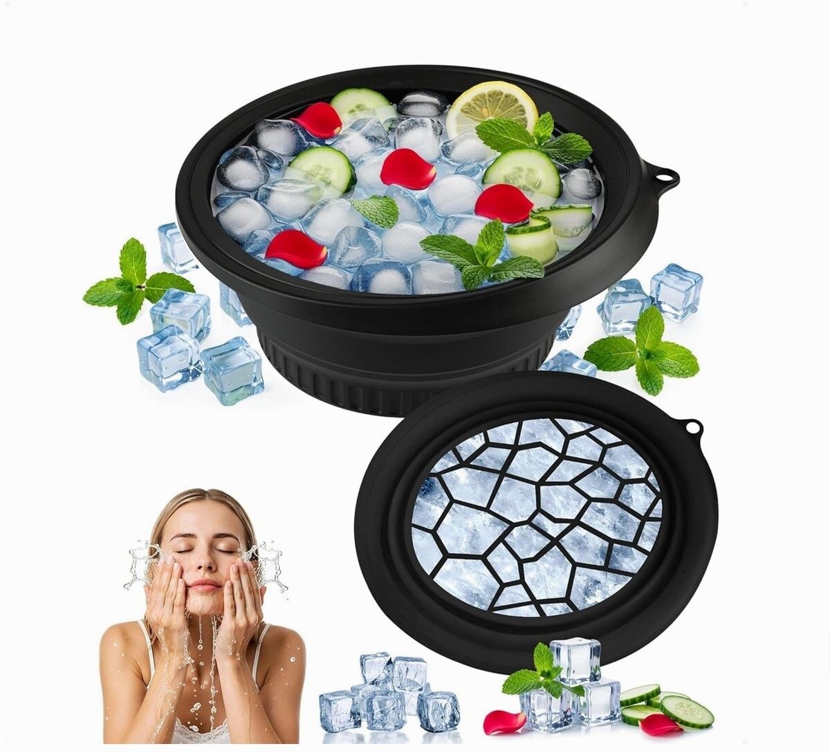 brzone Silicone Ice Face Bowl with Built-in Ice Tray | Collapsible Face Ice Bowl Black Silicone Ice Cube Tray-picture-17