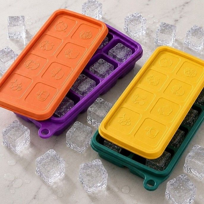 8-Cell Food Grade Silicone Ice Cube Tray with Lid Reusable Ice Mold Kitchen Use Multicolor Plastic, Silicone Ice Cube Tray-image-26