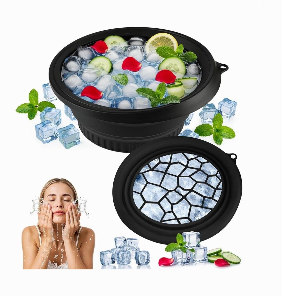 brzone Silicone Ice Face Bowl with Built-in Ice Tray | Collapsible Face Ice Bowl Black Silicone Ice Cube Tray-picture-28