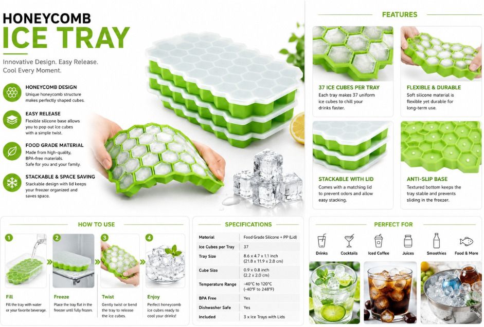 noble enterprises Hexagon Ice Cube Tray Green, White Silicone Ice Cube Tray-picture-43