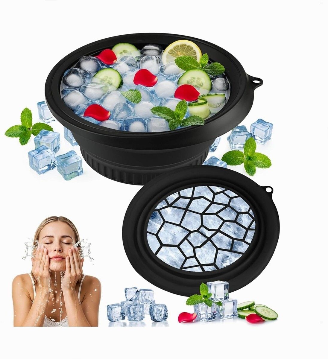 brzone Silicone Ice Face Bowl with Built-in Ice Tray | Collapsible Face Ice Bowl Black Silicone Ice Cube Tray-picture-10