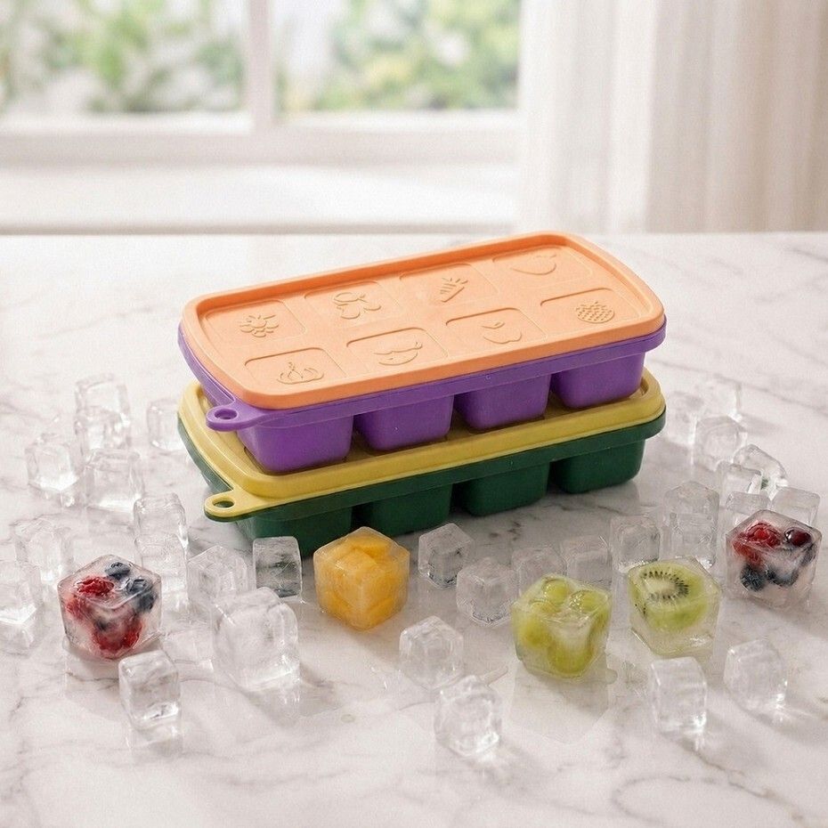 masox store 2pics Reusable Silicone Ice Cube Tray 8 Cavity with Lid BPA Free Ice Mold D4 Blue, Green Silicone Ice Cube Tray-picture-13