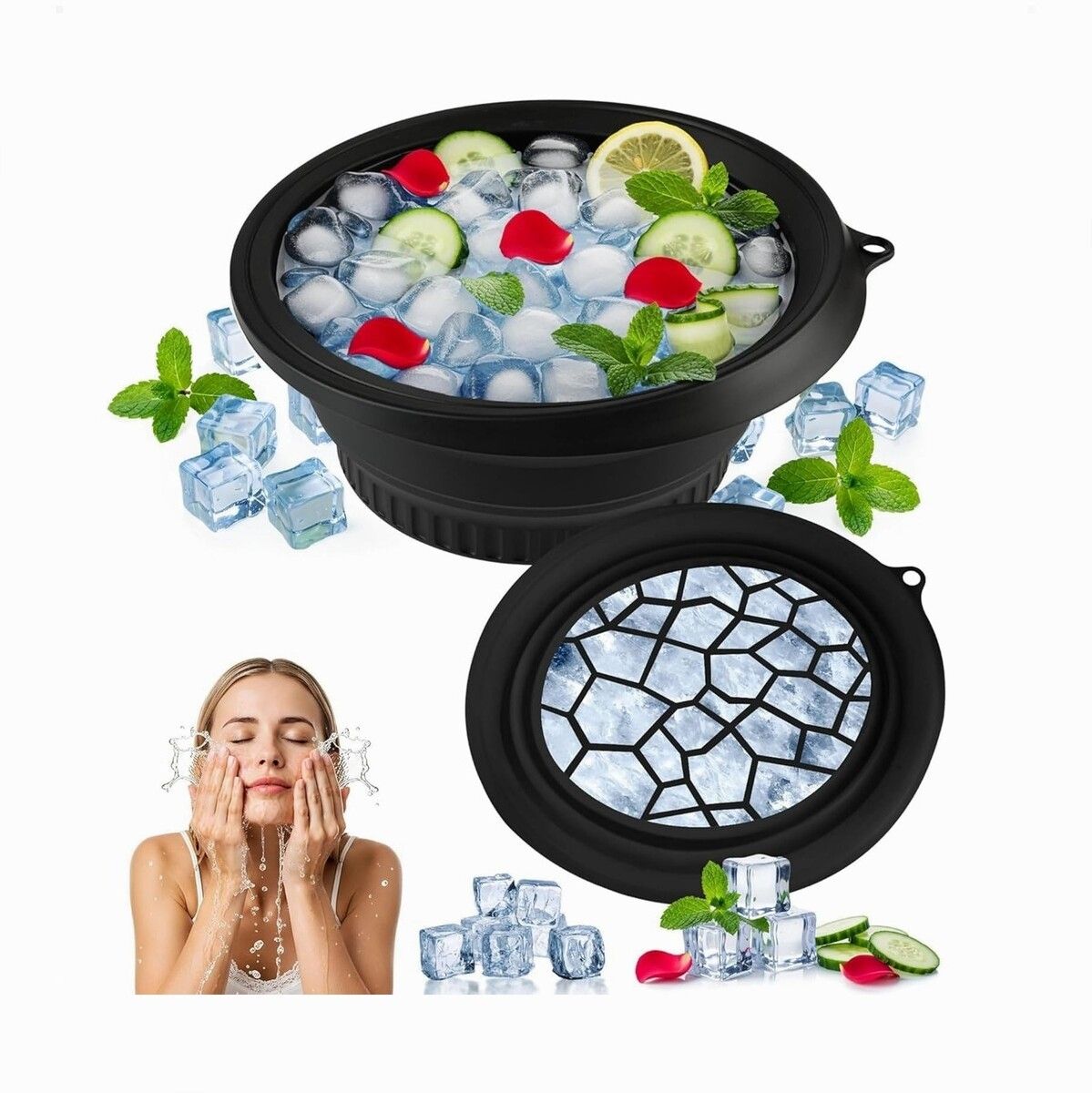 brzone Silicone Ice Face Bowl with Built-in Ice Tray | Collapsible Face Ice Bowl Black Silicone Ice Cube Tray-picture-42