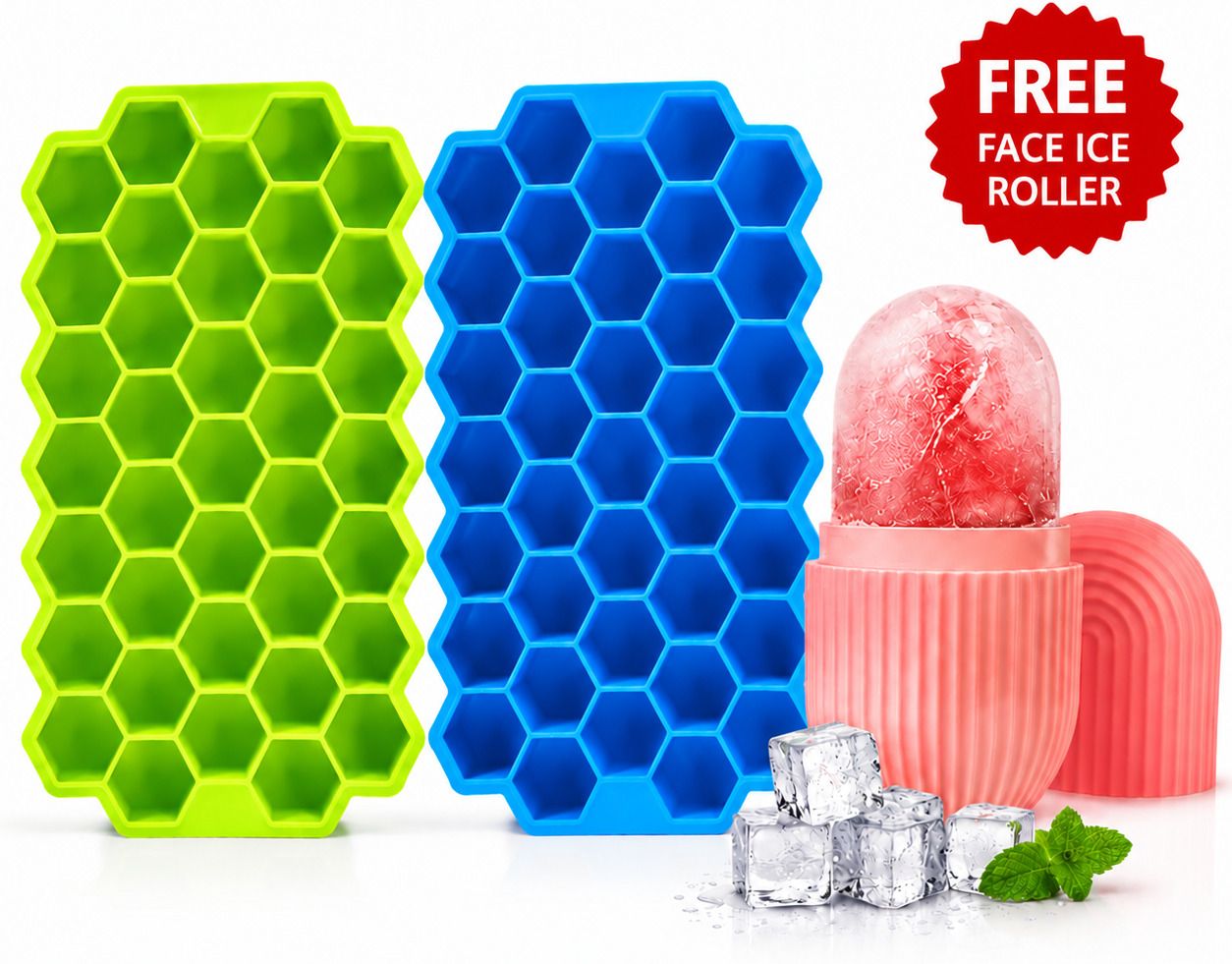 Premium Silicone Ice Cube Tray Set (2 Trays) with FREE Face Ice Roller Multicolor Silicone Ice Cube Tray-image-23