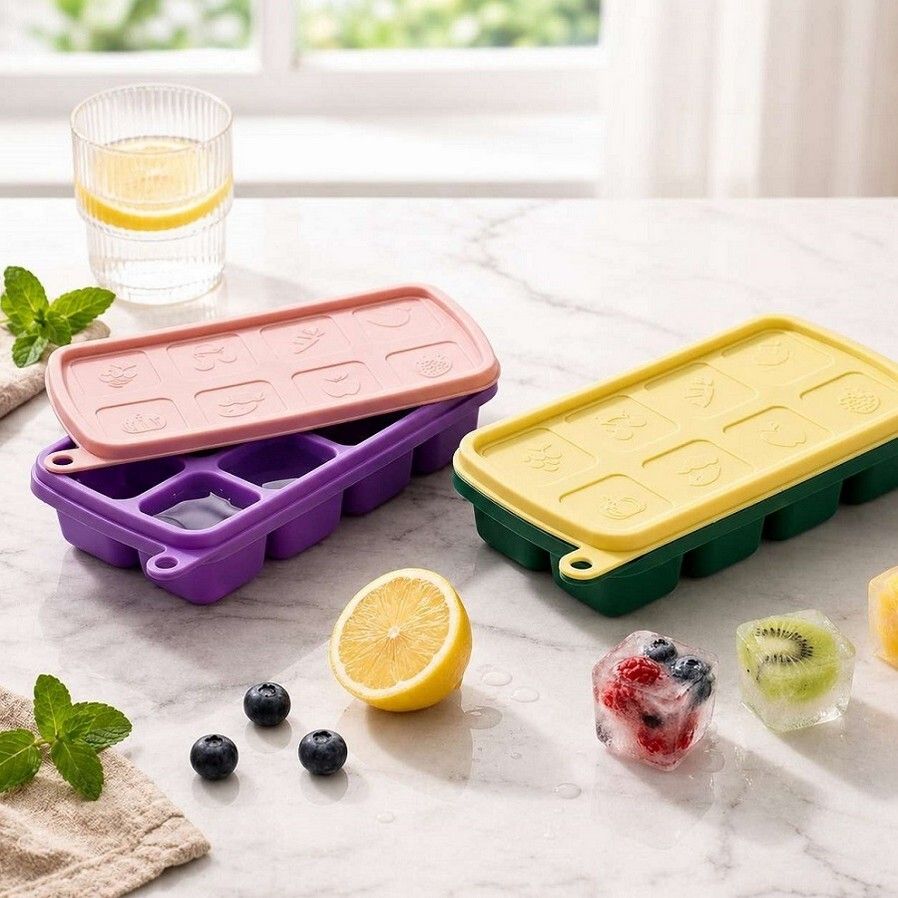 masox store 2pics Food Grade Silicone Ice Cube Tray with fruits design Lid Easy Release B9 Blue, Green Silicone Ice Cube Tray-picture-7