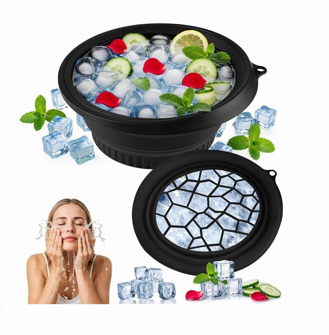 brzone Silicone Ice Face Bowl with Built-in Ice Tray | Collapsible Face Ice Bowl Black Silicone Ice Cube Tray-picture-24