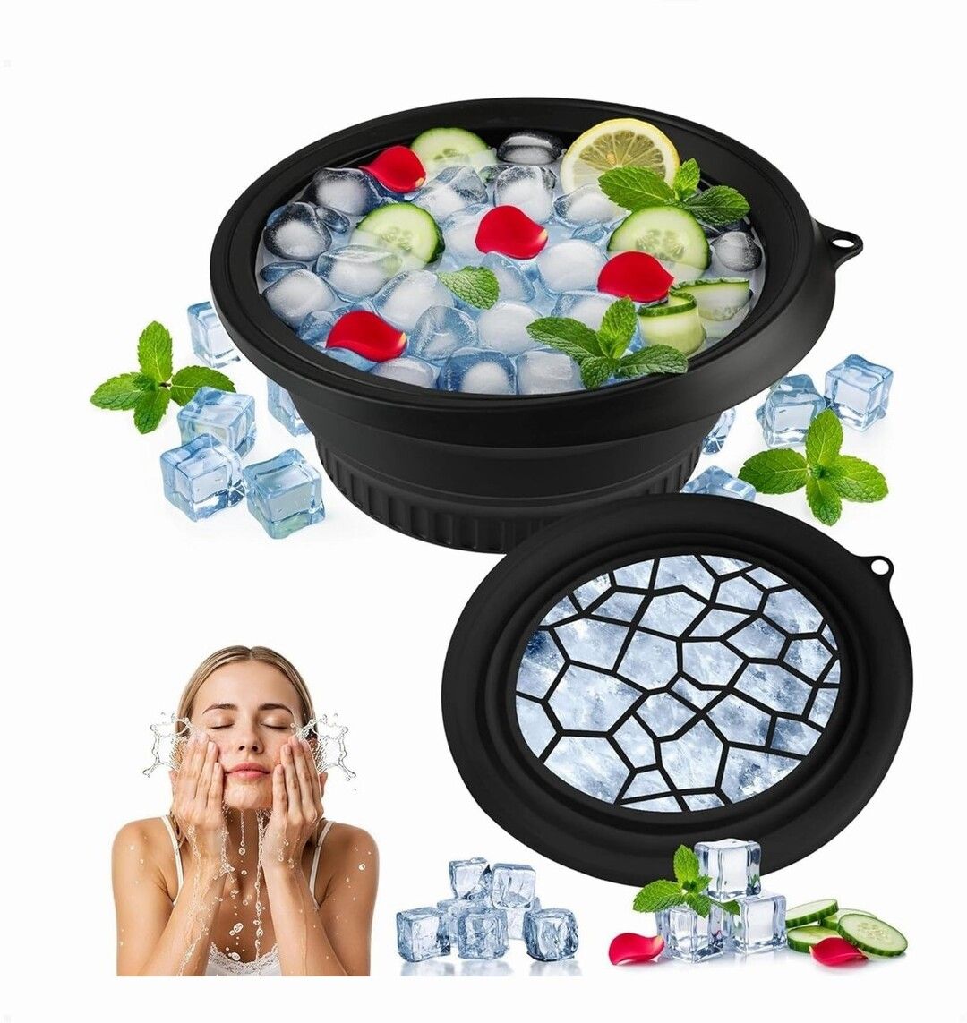brzone Silicone Ice Face Bowl with Built-in Ice Tray | Collapsible Face Ice Bowl Black Silicone Ice Cube Tray-picture-14