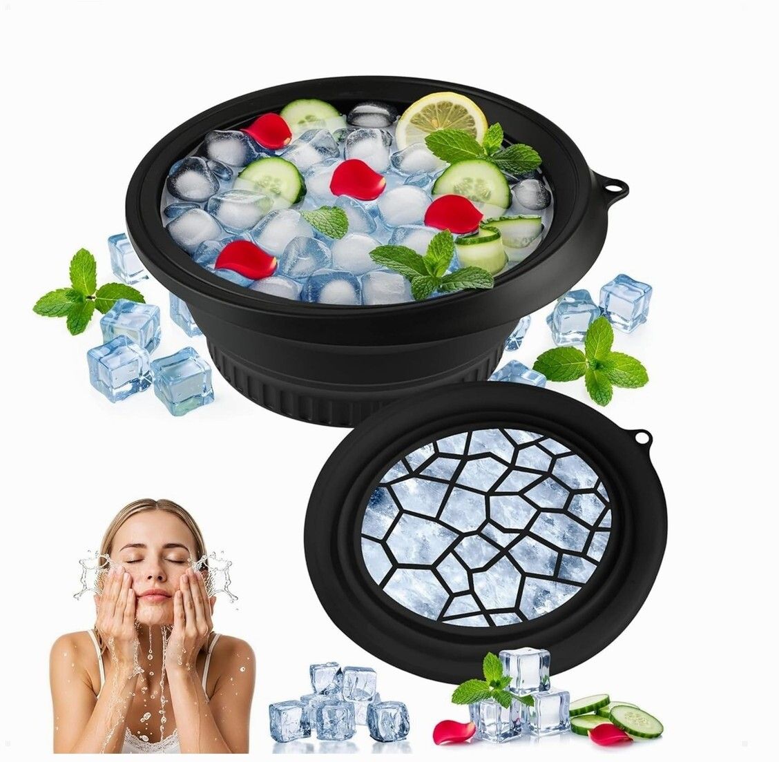 brzone Silicone Ice Face Bowl with Built-in Ice Tray | Collapsible Face Ice Bowl Black Silicone Ice Cube Tray-picture-48