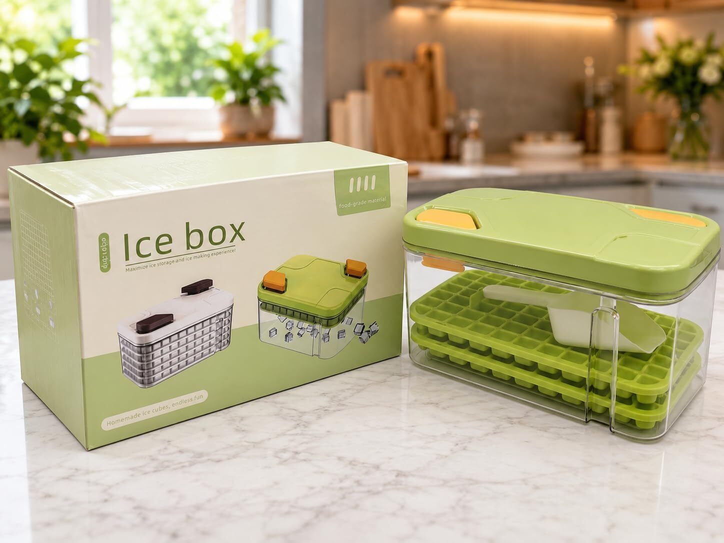 64 Grid Ice Cube Tray Set with Lid & Storage Bin Green Plastic Ice Cube Tray-image-18