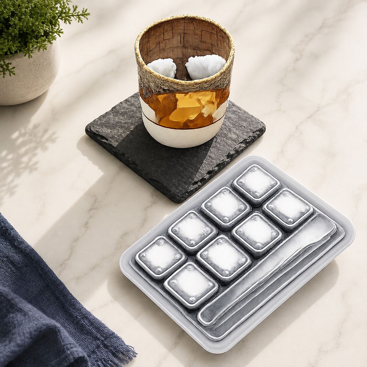 Stainless Steel Whiskey Stones Set Pack of 8 with Storage Tray & Tongs Silver Steel Ice Cube Tray-image-40