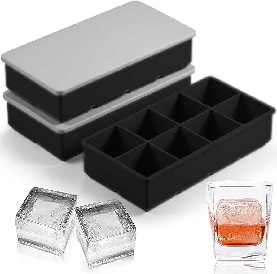 dhoni 8 Cavity Stackable Large Square Ice Cube Molds for Cocktails Bourbon Soups Black Silicone Ice Cube Tray-picture-3