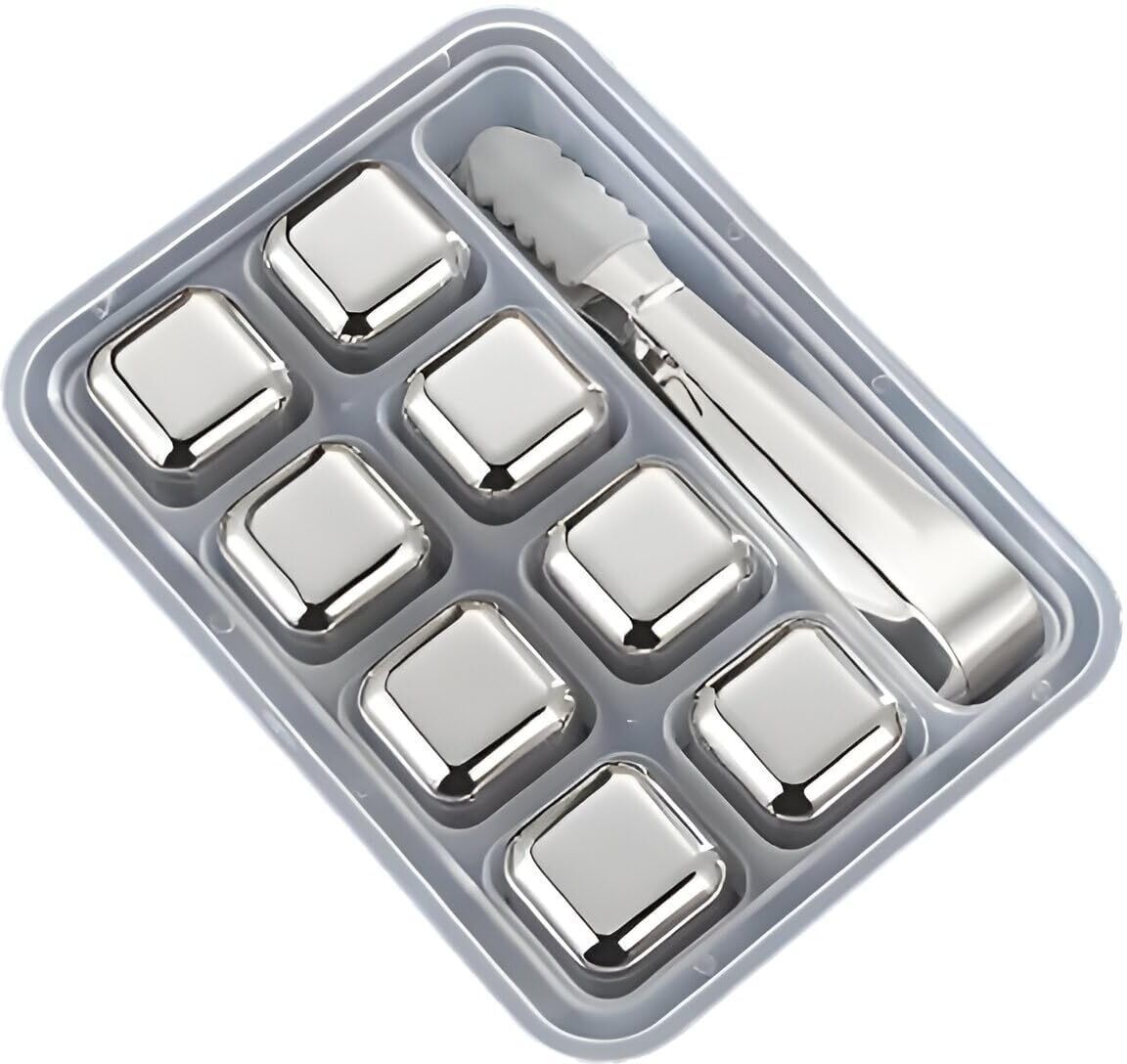 Stainless Steel Whiskey Stones Ice Cubes Set with Tongs & Container (8 Pcs) Steel Plastic, Silicone Ice Cube Tray-image-49