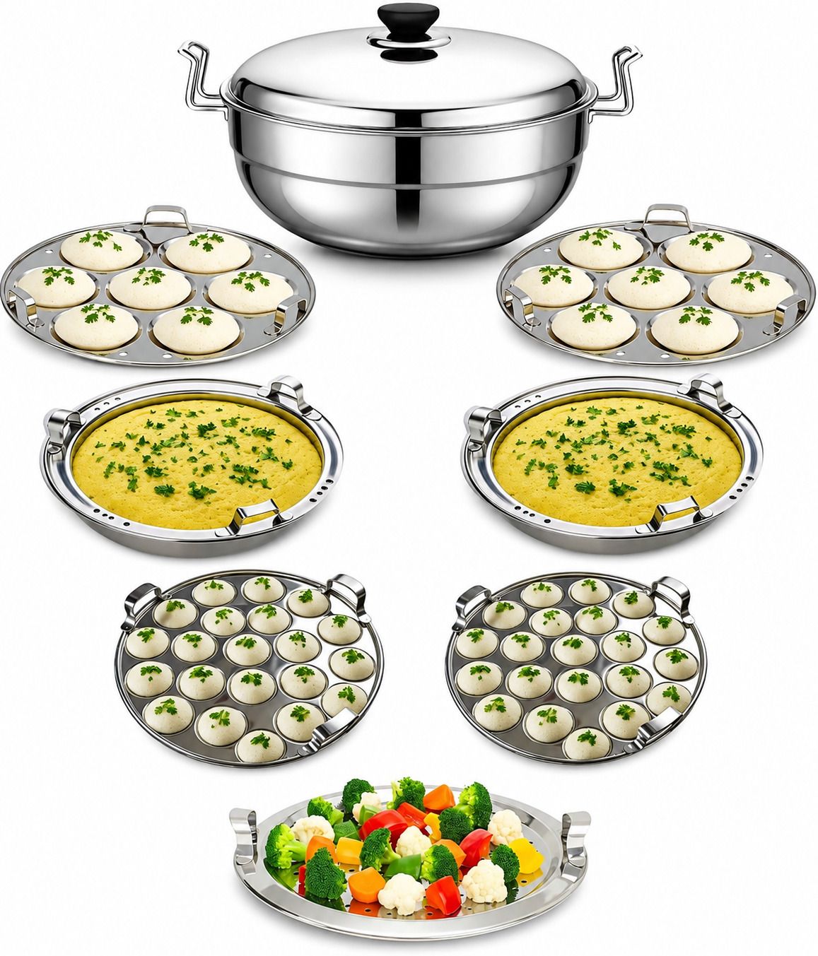 Multi Kadai Steamer Big Size 6 Plate, 2 Idli|2 Mini Idli|2 Dhokla|1 Patra|Momo's Induction & Standard Idli Maker-image-16