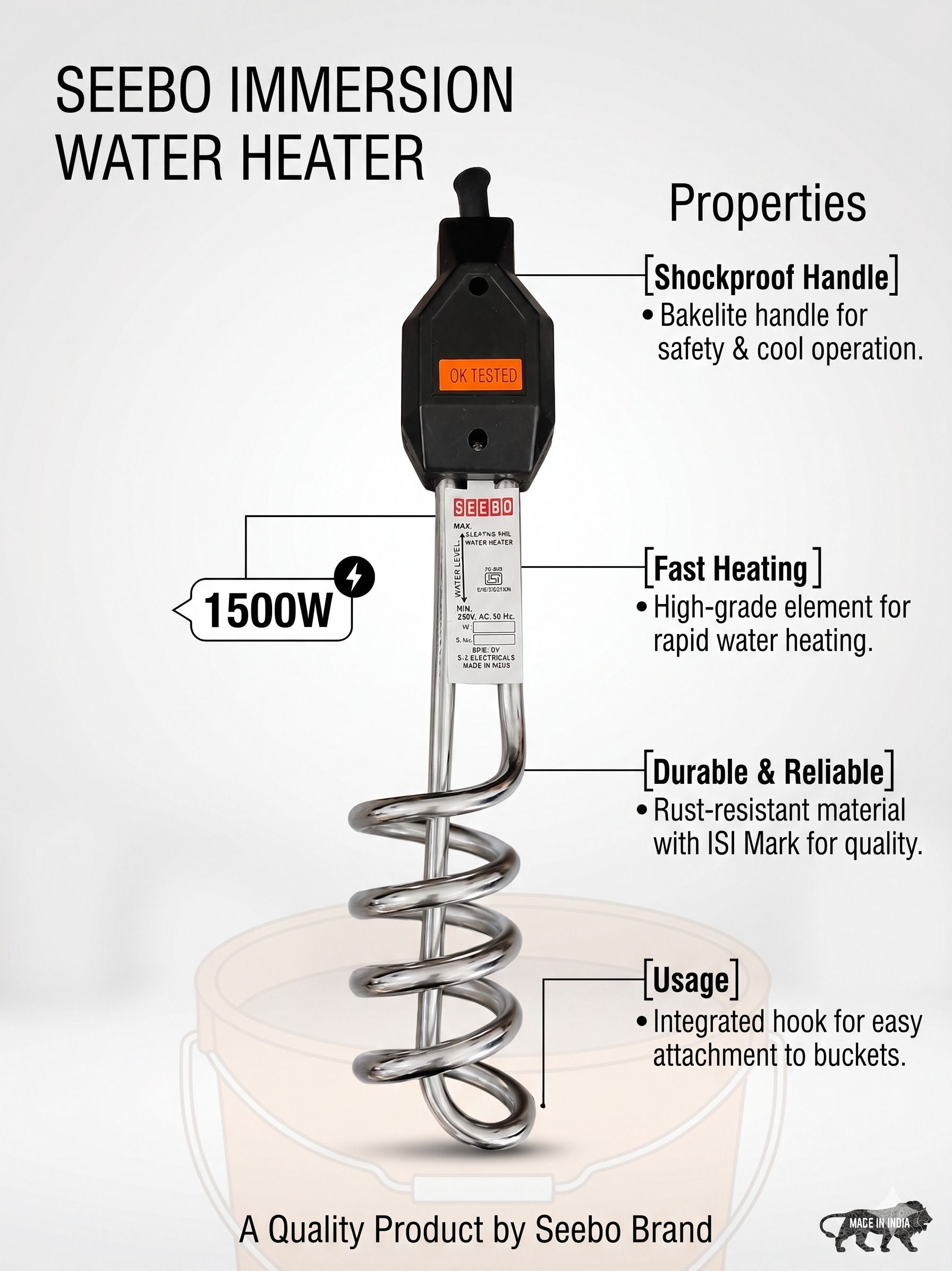 Fast Heating Immersion Water Heater | 1500W Electric Heating Rod 1500 W Shock Proof Immersion Heater Rod-image-18