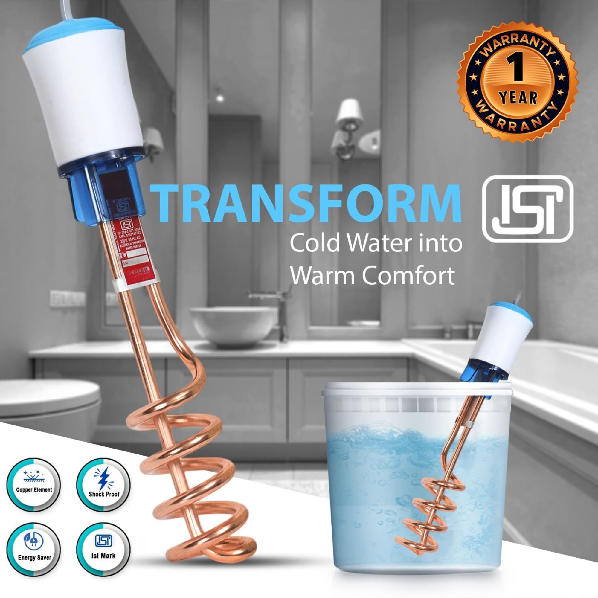 Instant Water Geyser 1L Portable Electric Water Heater for Home, Hotel, Kitchen 2000 W Shock Proof Immersion Heater Rod-image-1