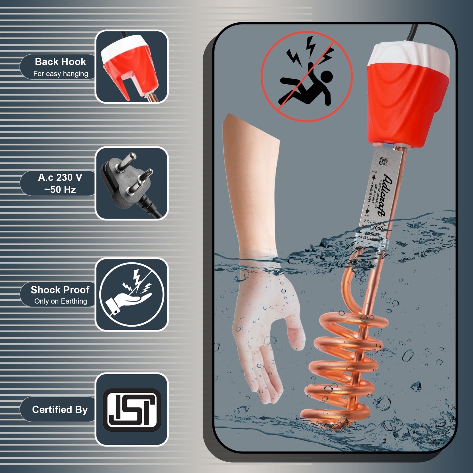 Immersion Rod | ADI-471 | 100% Water Proof | ISI Certified | Water Heater Rod | 1500 W Shock Proof Immersion Heater Rod