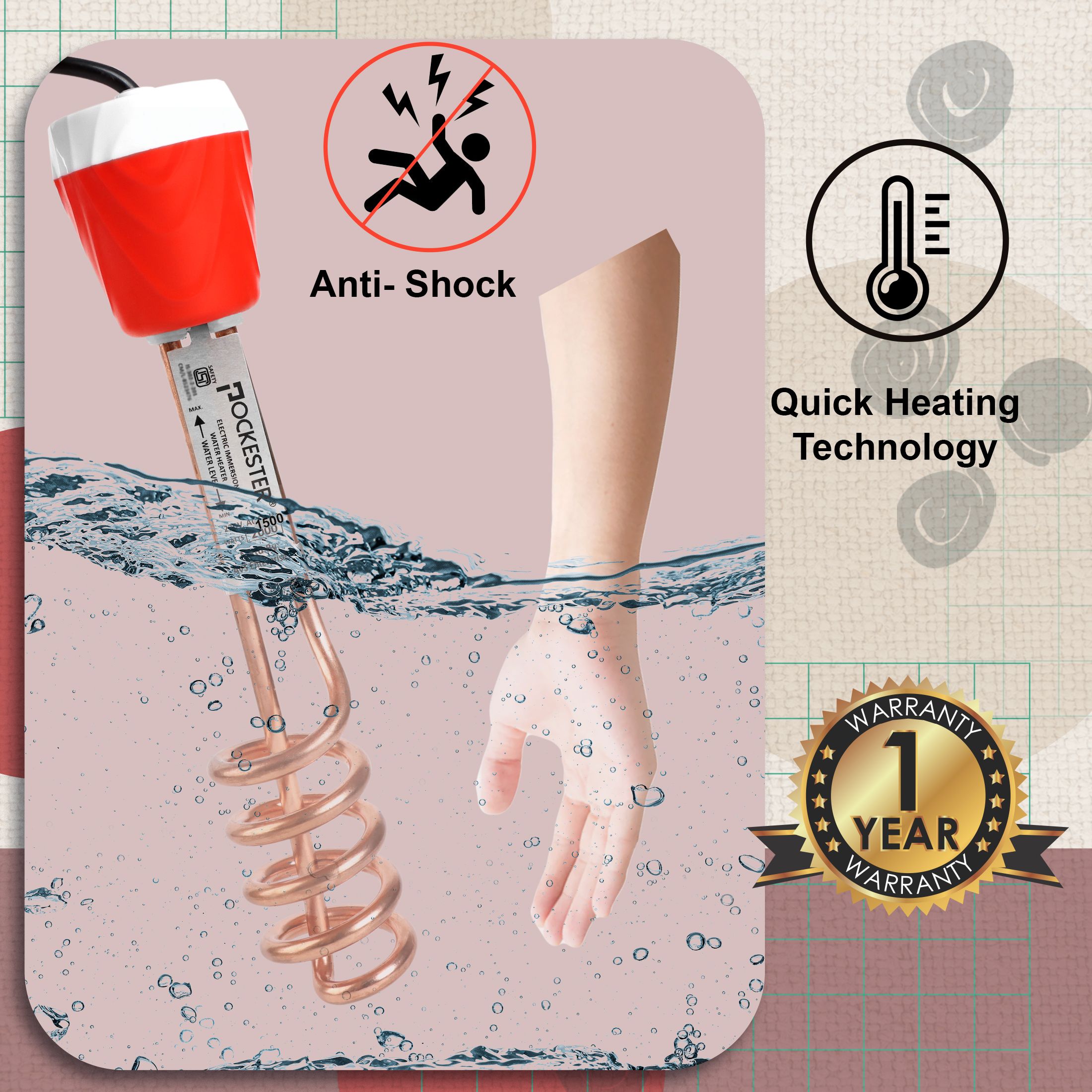Immersion Rod Copper Red 2000 W Shock Proof Immersion Heater Rod-image-29