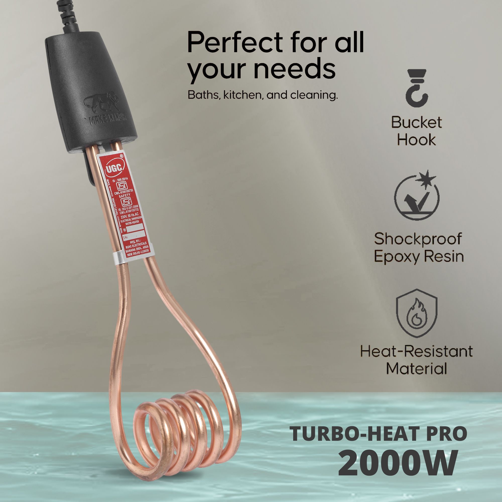 Water Heater Immersion Rod | Nickel Coated | Shock Proof | ISI Certified | 1Yr 2000 W Shock Proof Immersion Heater Rod-image-45
