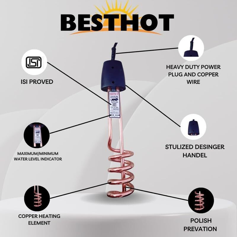besthot Immersion Heater 1500W Instant Heating, Long Cable, Safe & Durable for Bucket 1500 W Immersion Heater Rod-picture-2