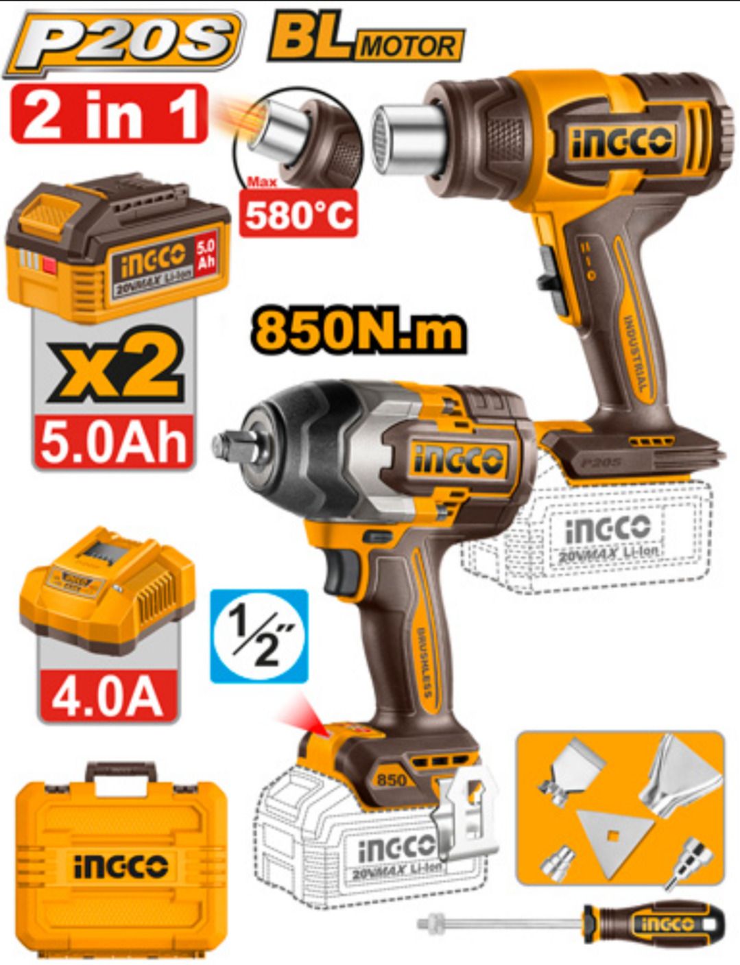 ingco 2PCS COMBO KIT HGLI2008 CORDLESS HEAT GUN WITH 850NM Cordless Impact Wrench-picture-18