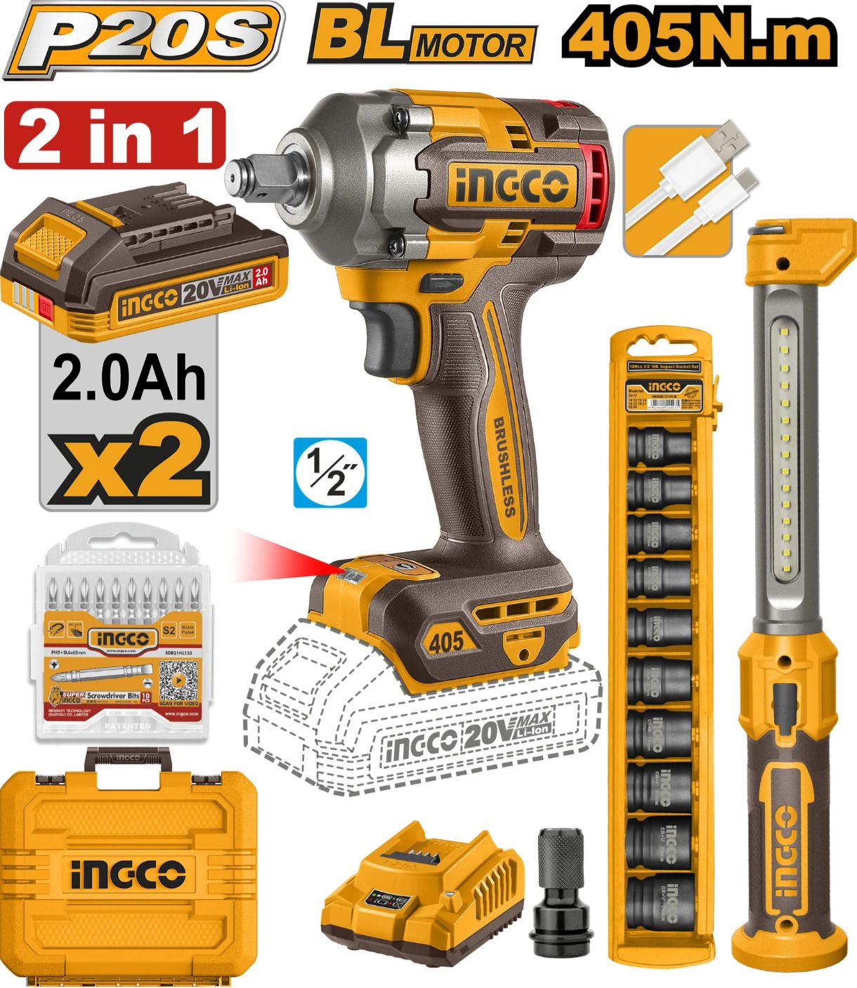 ingco 20V Cordless Brushless Impact Wrench 405Nm with 2.0Ah Batteries, Combo Kit Cordless Impact Wrench-picture-10