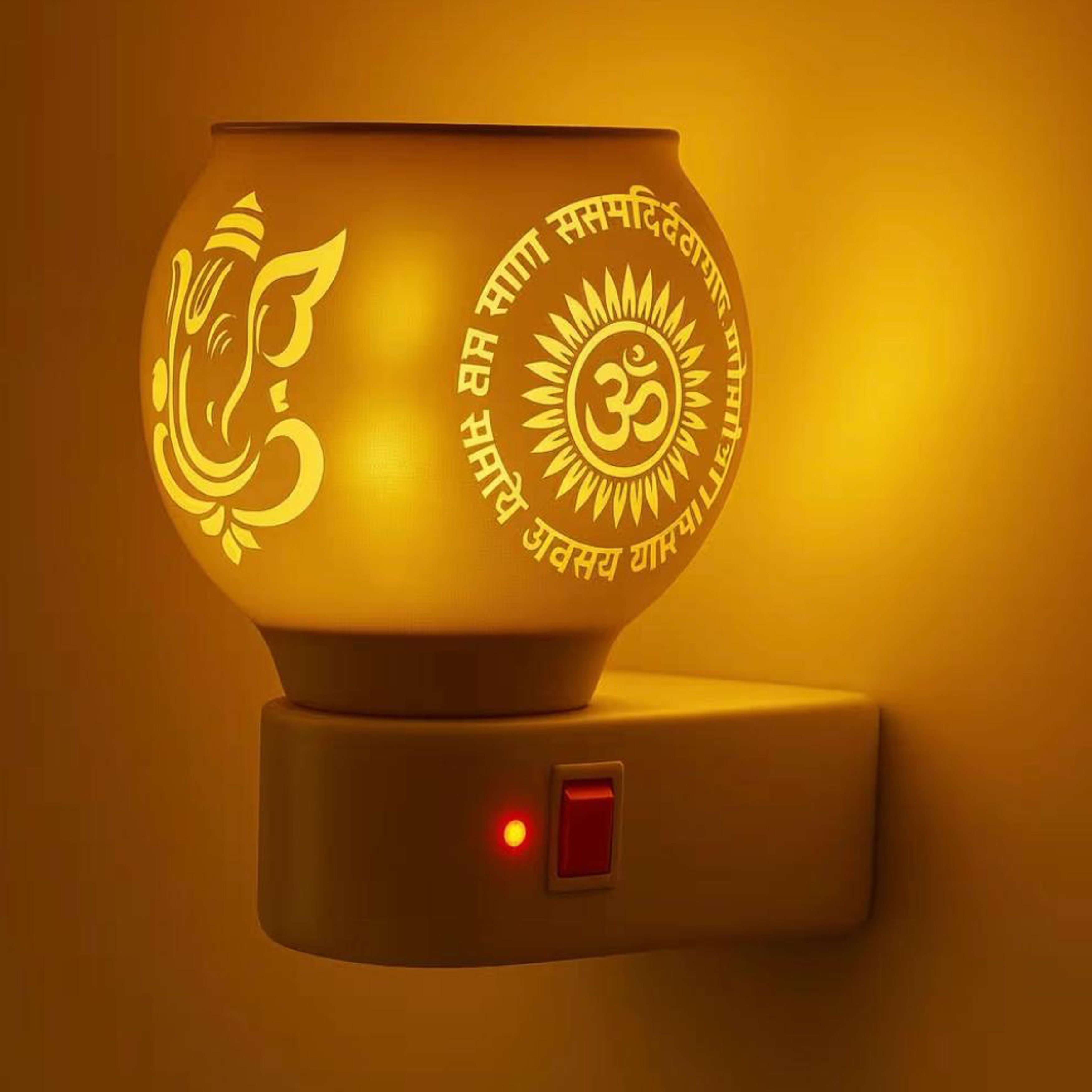 Electric Kapur Dani with Ganesh Om Night Light Glass, Plastic Incense Holder Set