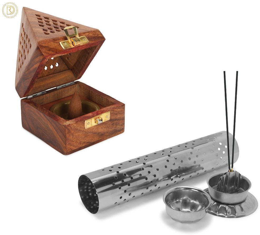 Dhoop Stick Combo Wooden, Stainless Steel Incense Holder Set