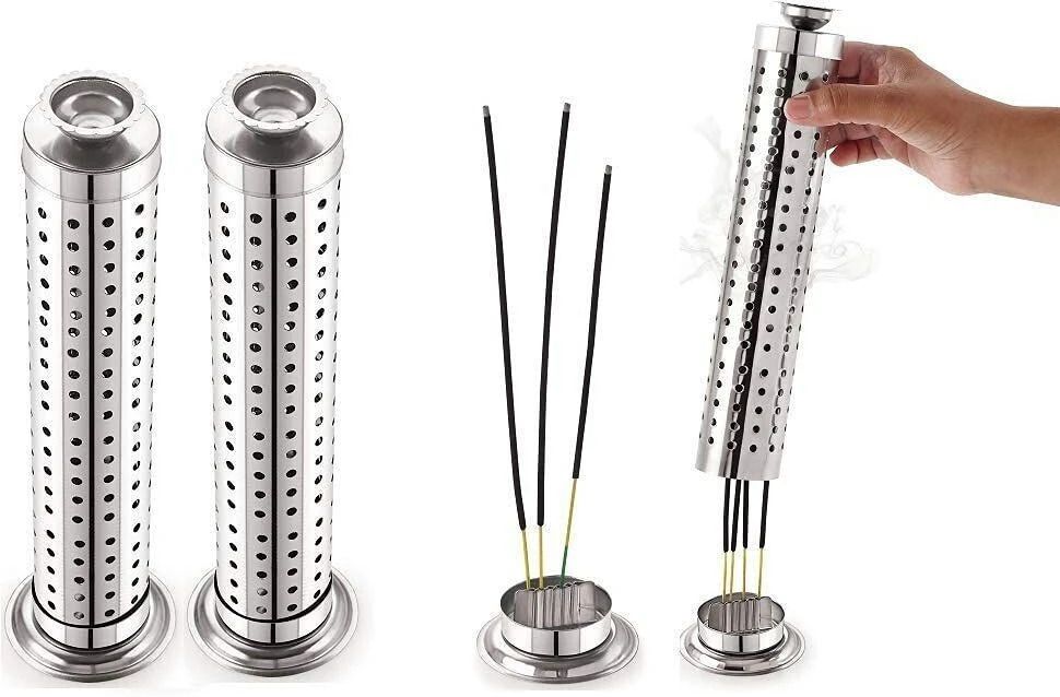 Dhoop Batti Agarbatti Stand Incense Stick Holder with Ash Catcher-2 Pcs.,Silver Stainless Steel Incense Holder-image-30