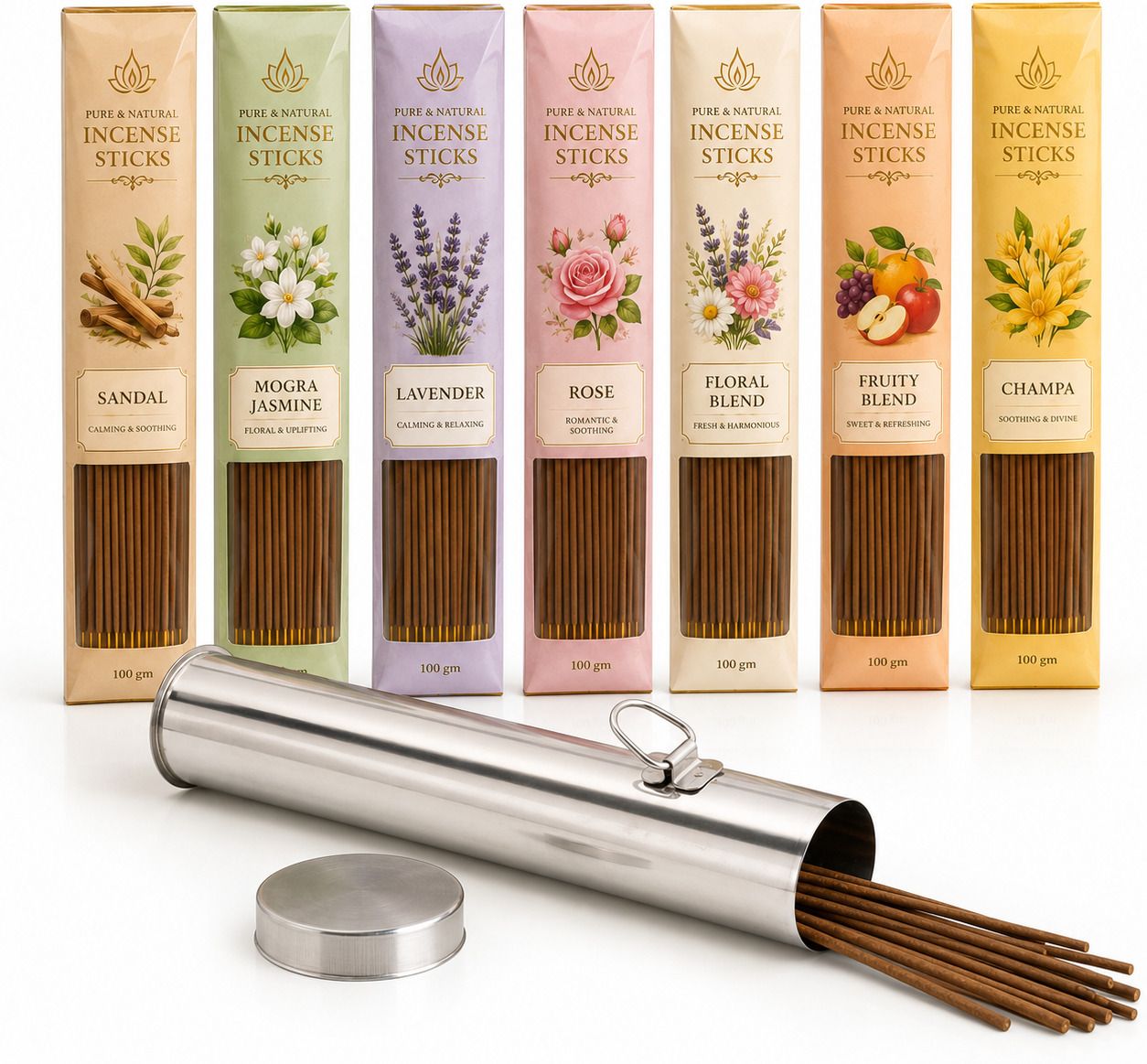 7 Fragrance Agarbatti with Steel Container Set Rose, Sandal, Lavender, Champa, Mogra, Thalampoo, Fruit blend, Floral blend, Classic blend, Temple-image-47