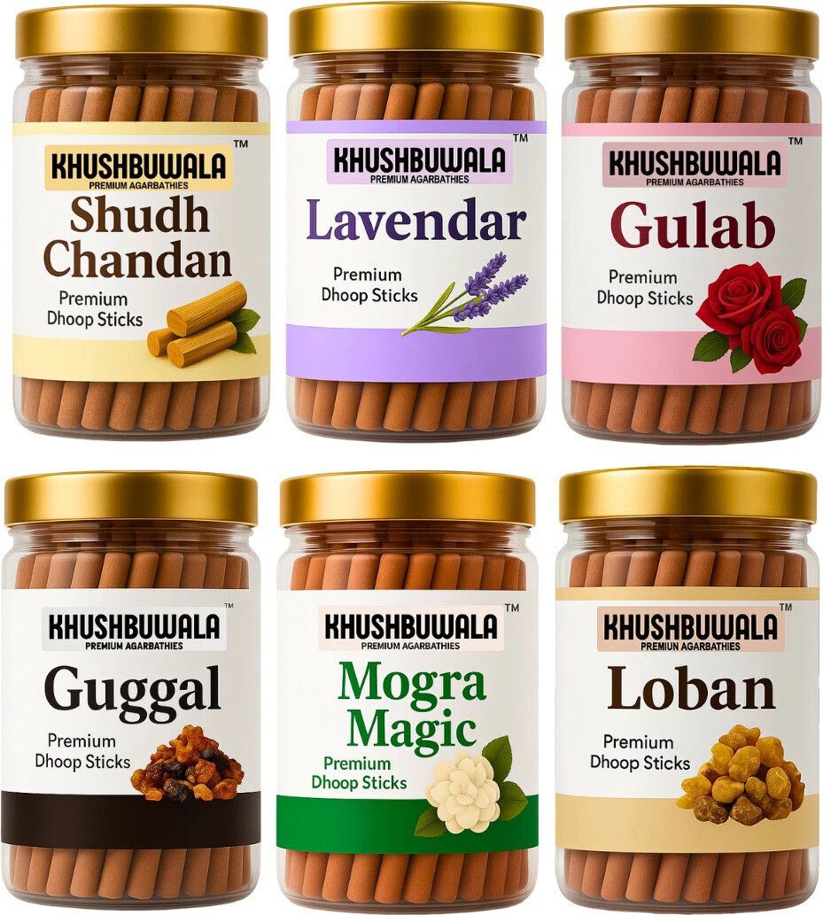 Agarbatti 6-in-1 Dhoop Stick Jar Combo | Charcoal Free | 6 x 100g Fragrance PREMIUM Chandan, Gulab, Mogra Magic, Loban, Guggal, Lavender
