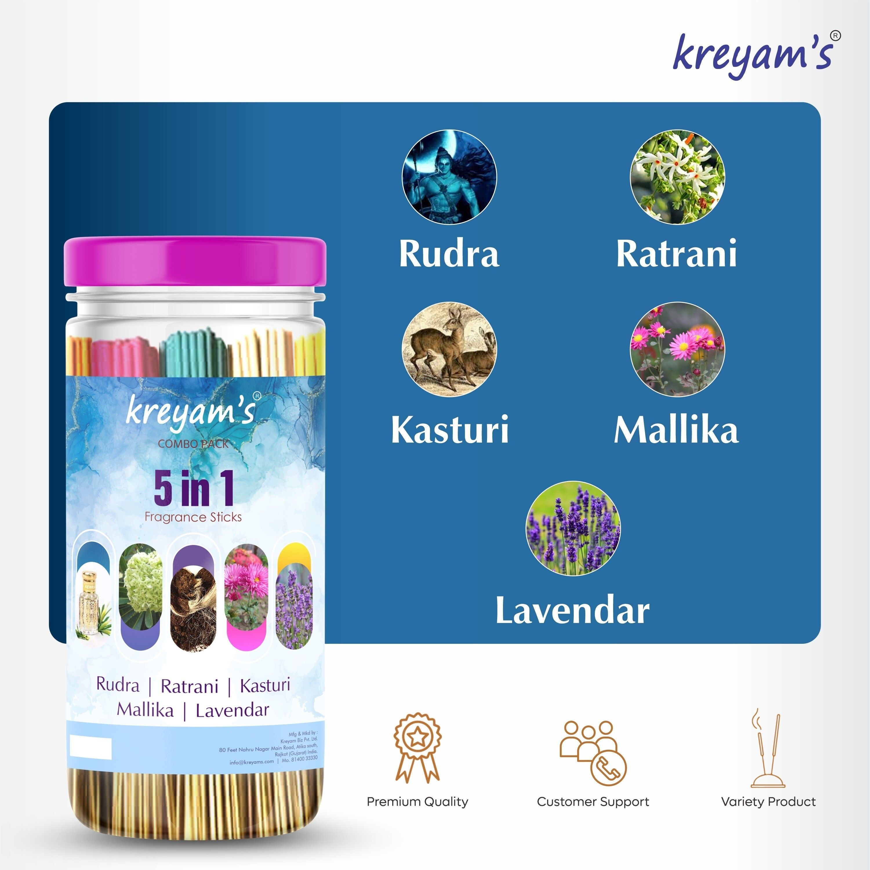 kreyam's Carnival Collection Premium Incense Stick Agarbatti Rudra, Ratrani, Kasturi, Mallika, Lavender pooja items-picture-40