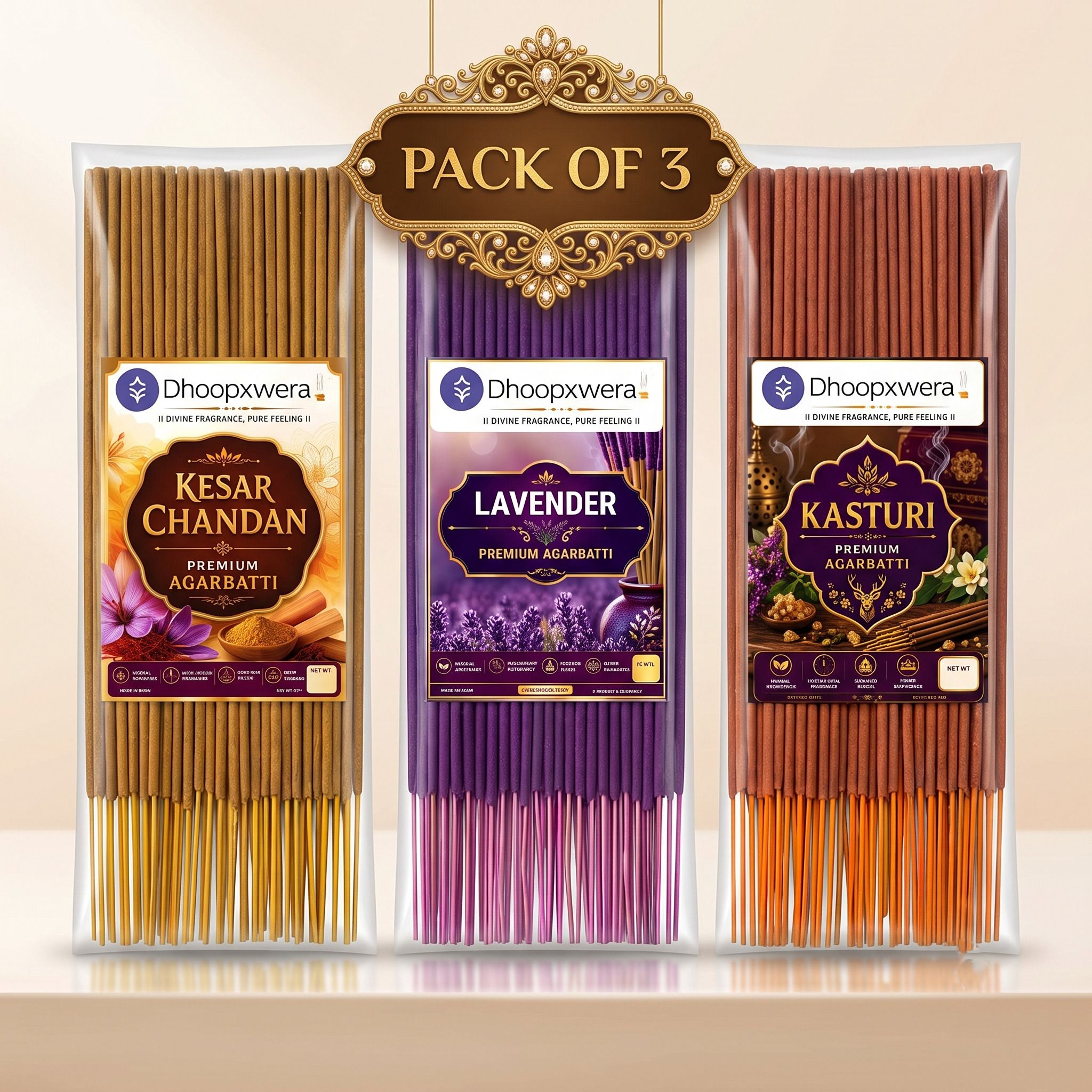 Premium Agarbatti Combo Pack of 3 | 100g x 3 | Long Lasting Fragrance KESAR CHANDAN, LAVENDER, KASTURI-image-41