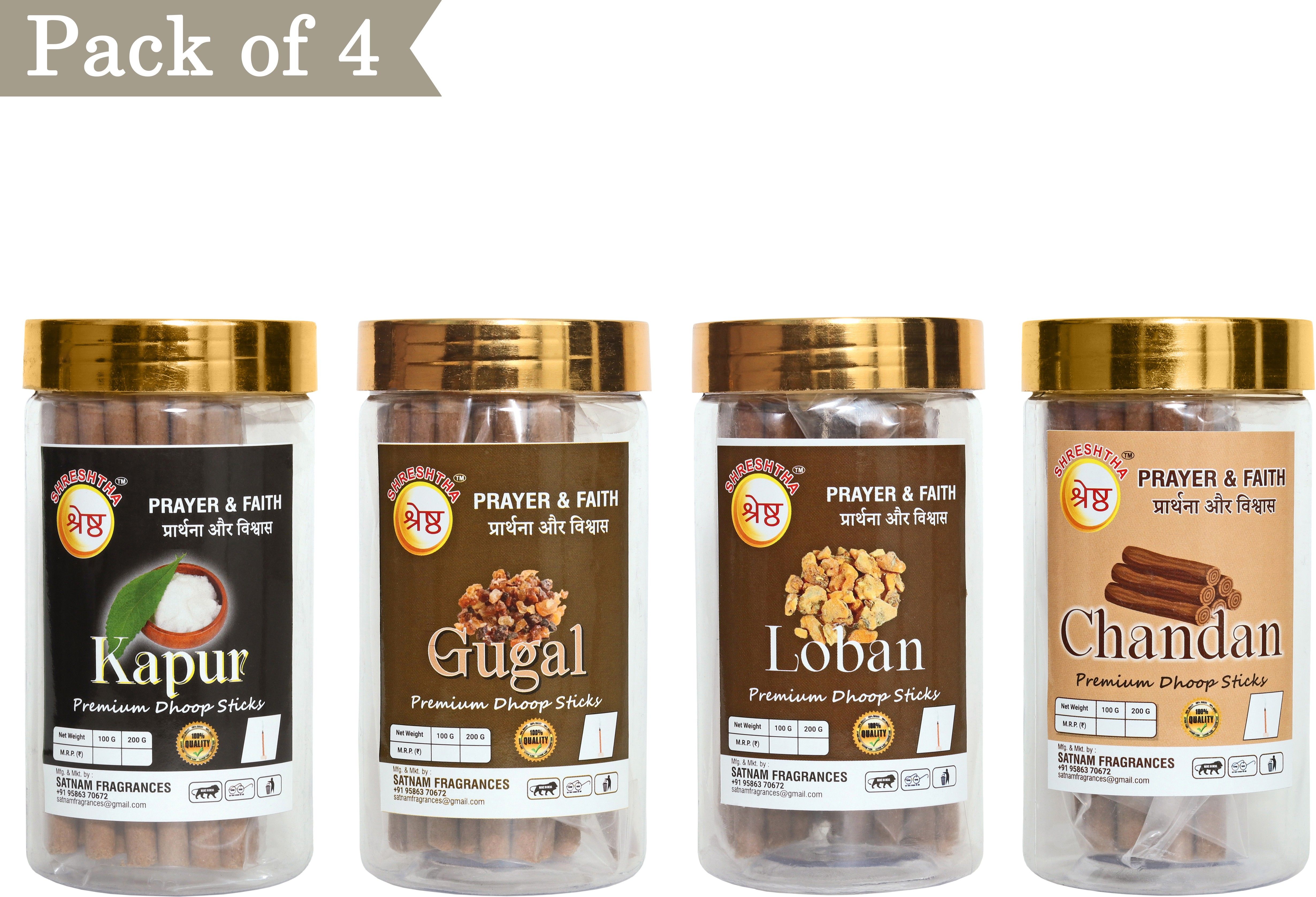 shreshtha PREMIUM KAPUR CHANDAN DRY DHOOP INCENSE STICKS (100GMSX4) JAR CAMPHOR, SANDAL, LOBAN, GUGAL-picture-11