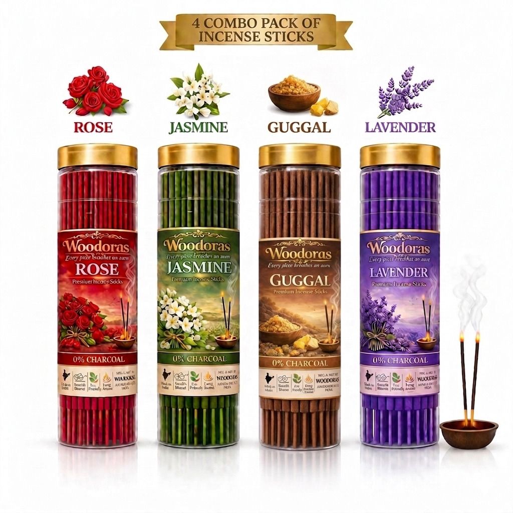 woodoras Premium Incense Sticks Combo Pack of 4 0% Charcoal Agarbatti ROSE, GUGGAL, JASMINE, LAVENDER-picture-27