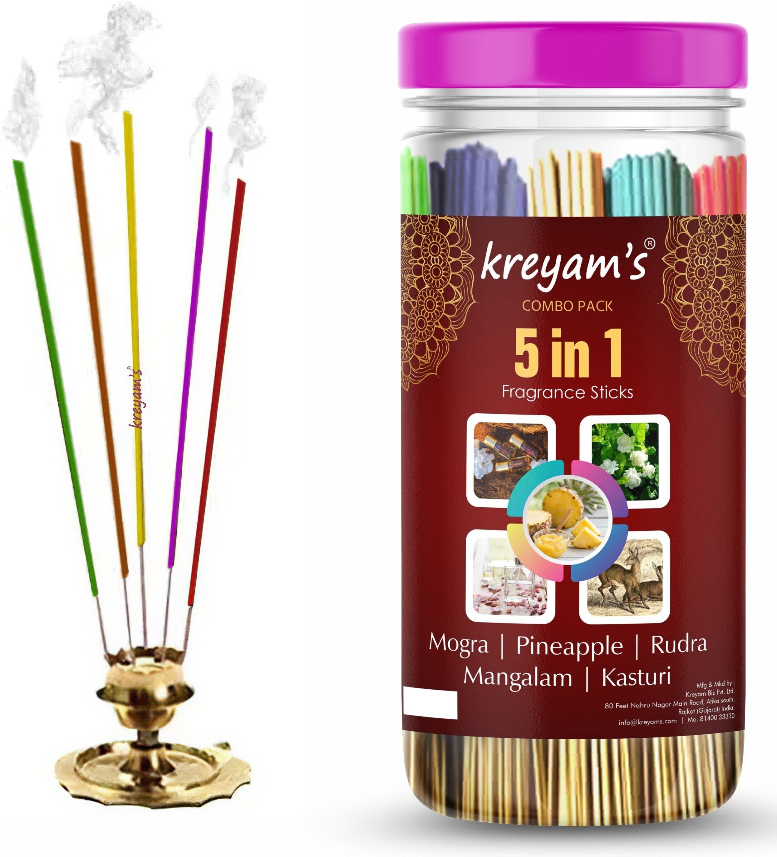 kreyam's Multi Fregrances and premium collection Incense Stick Agarbatti Mogra, Pineapple, Rudra, mangalam, Kasturi 225 Incense Sticks Pooja Items-picture-18