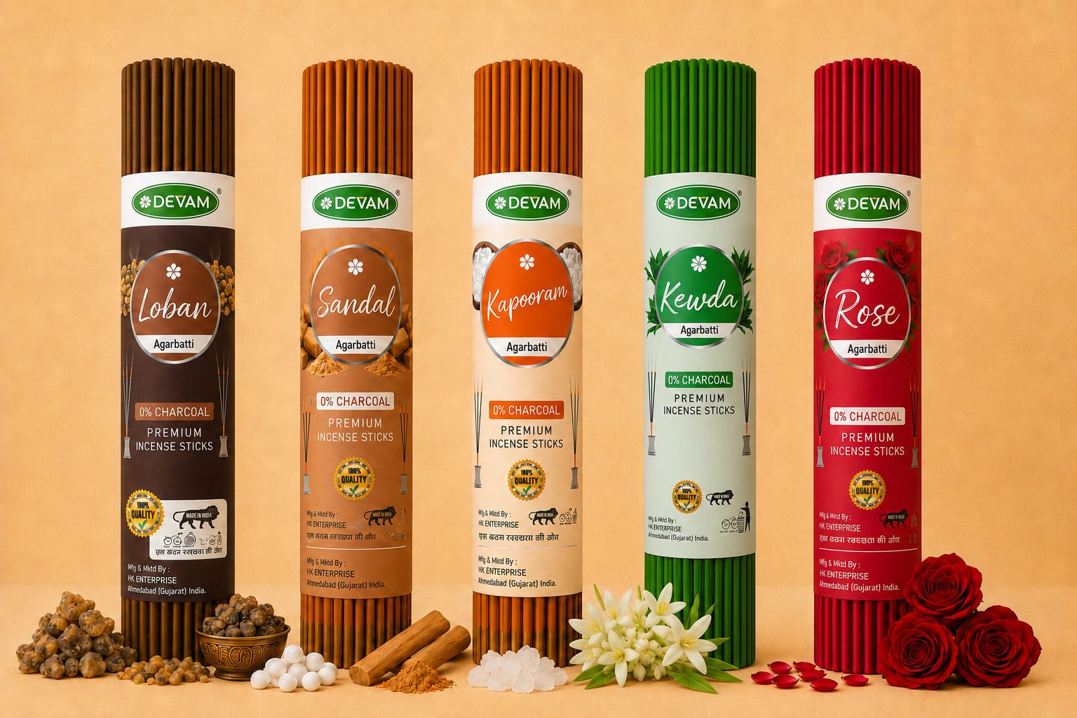 devam PREMIUM LOOSE Sandal,Kewda,Kapur,Loban,Rose5 in one agarbatti(80G*5)400 GRAMS gulab, kewda, loban, sandal/chandan, kapoor-picture-0