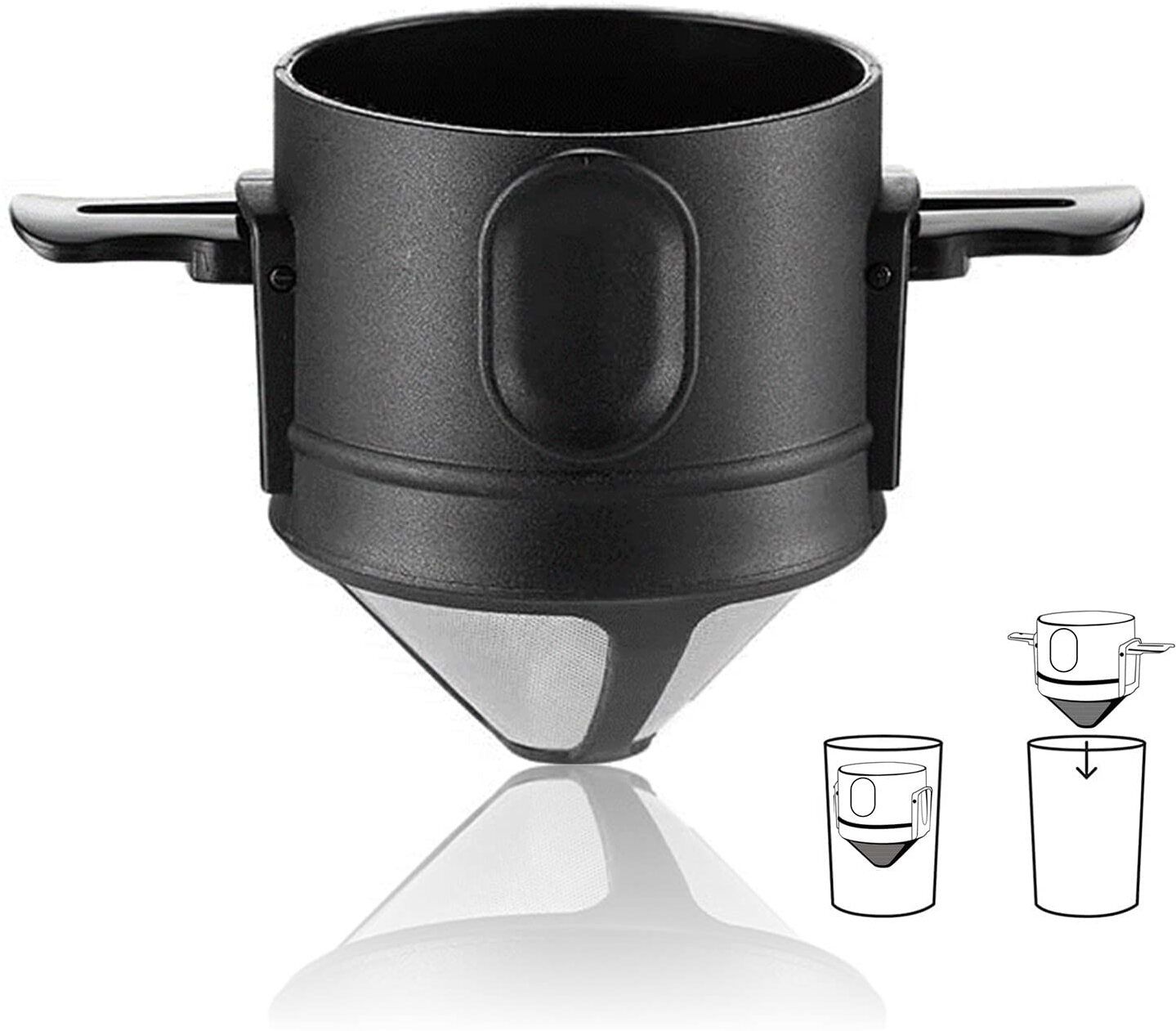 Reusable Stainless Steel Coffee Cone,Coffee Cone with Collapsible Ear, Double Indian Coffee Filter